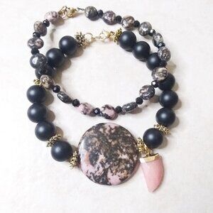 2x Rhodonite Stack Bracelet Set! Statement Bracelet Set 7.5" ~ Pink & Black!